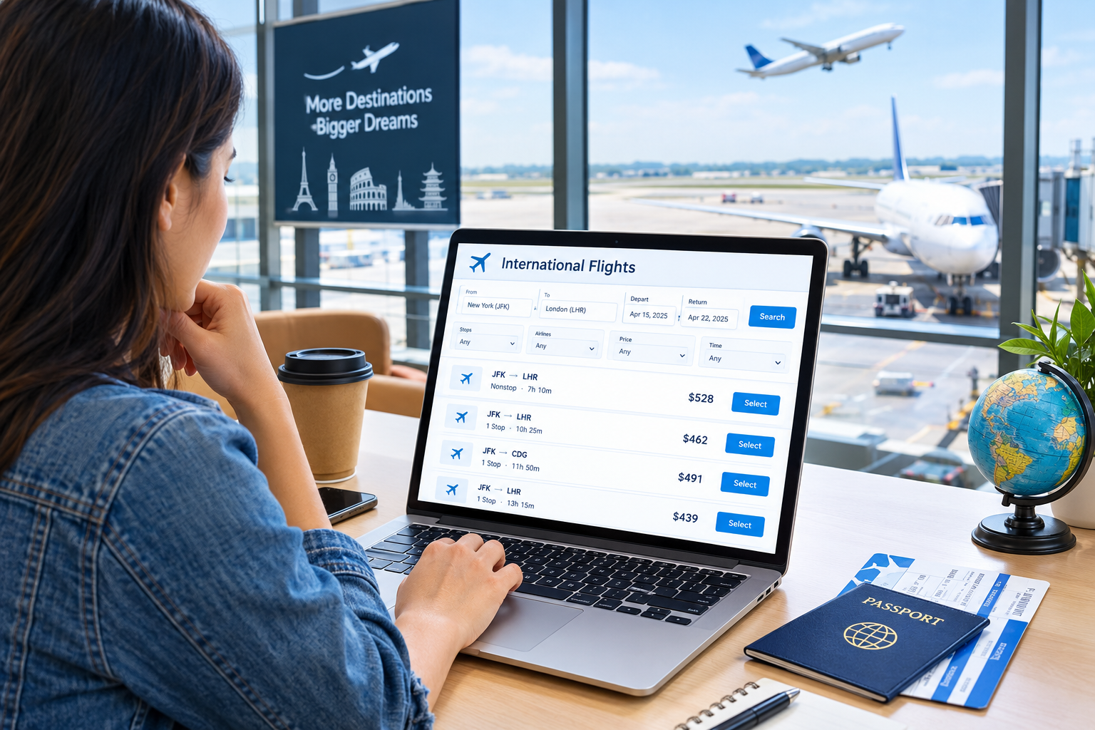 Traveler comparing cheap international flights from USA on a laptop