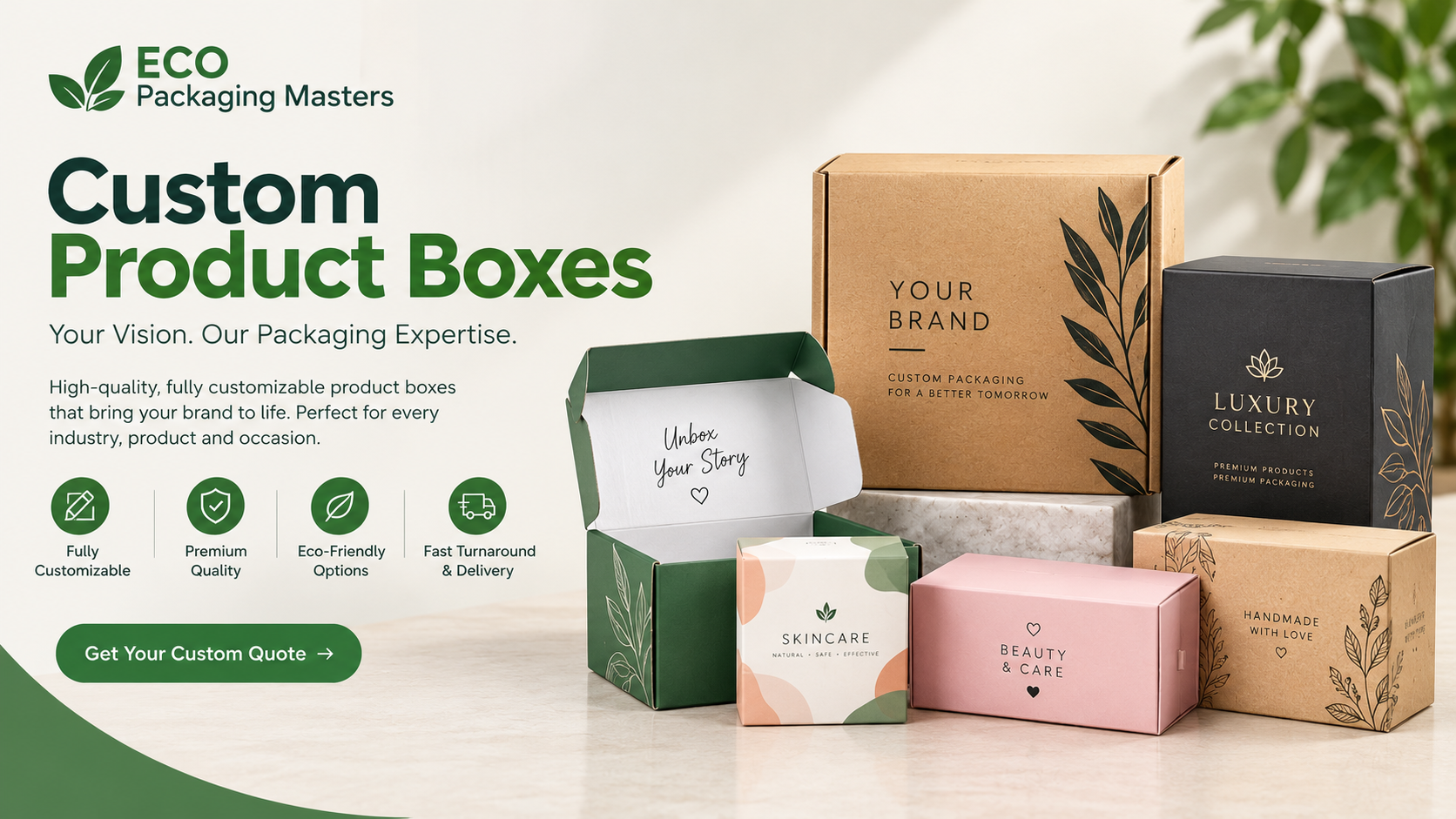 Custom product boxes in kraft, green, black, and pink with personalized branding and printed designs by Eco Packaging Masters.
