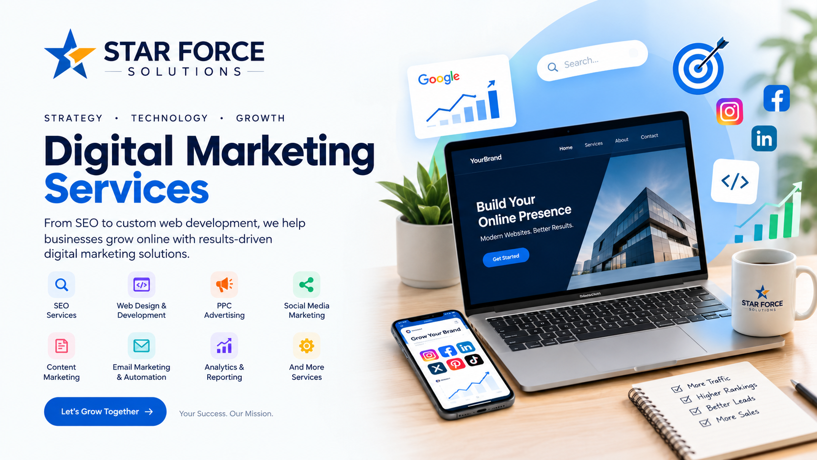 Star Force Solutions digital marketing services, including SEO, web development, PPC advertising, and social media marketing.