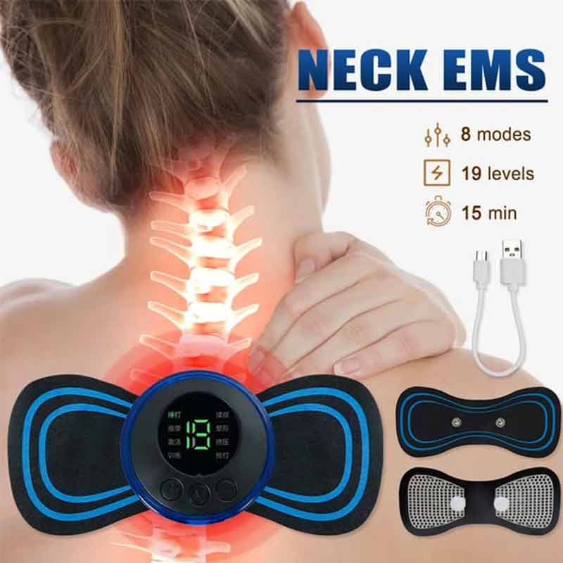EMS neck massager for neck and shoulder muscle stimulation with adjustable intensity levels.