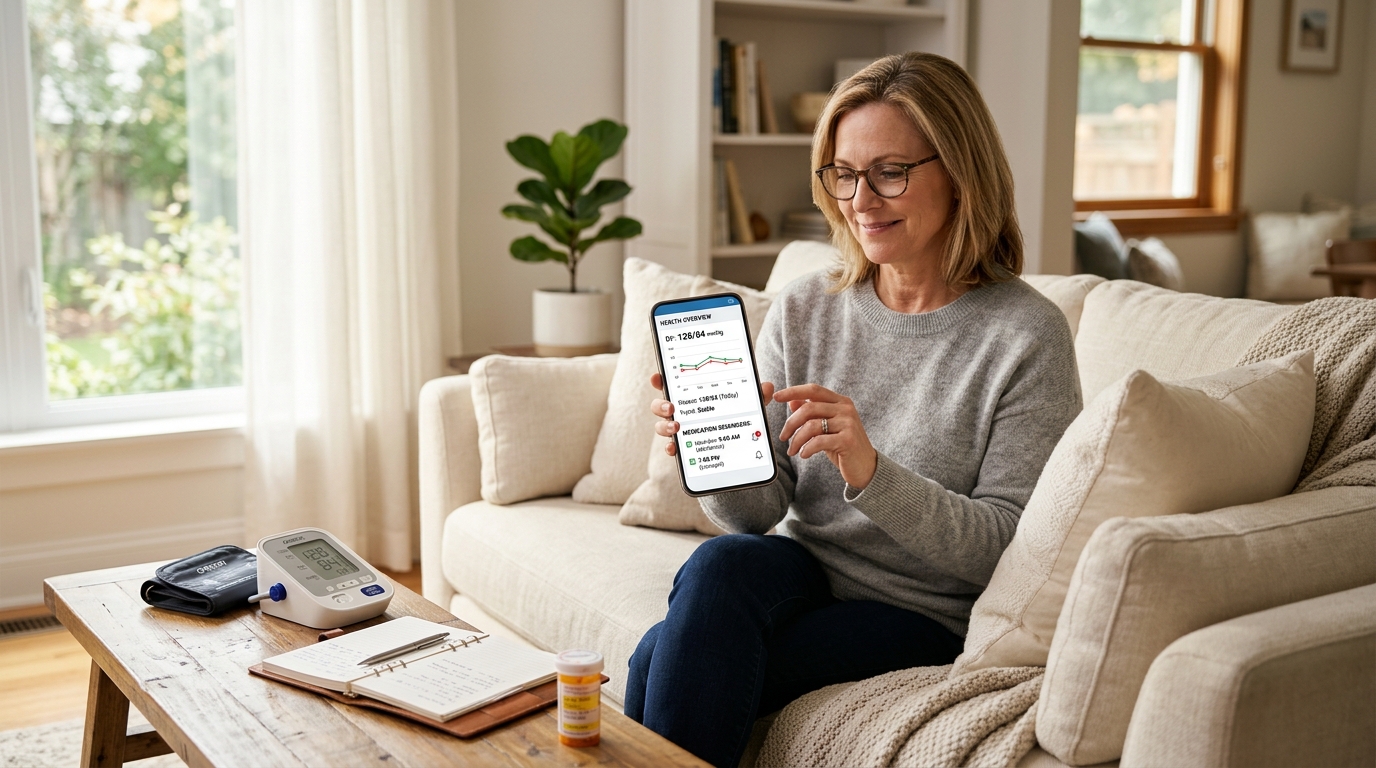 A middle-aged woman sitting comfortably on a sofa at home, holding a smartphone with a health tracking dashboard next to a blood pressure monitor and medication.