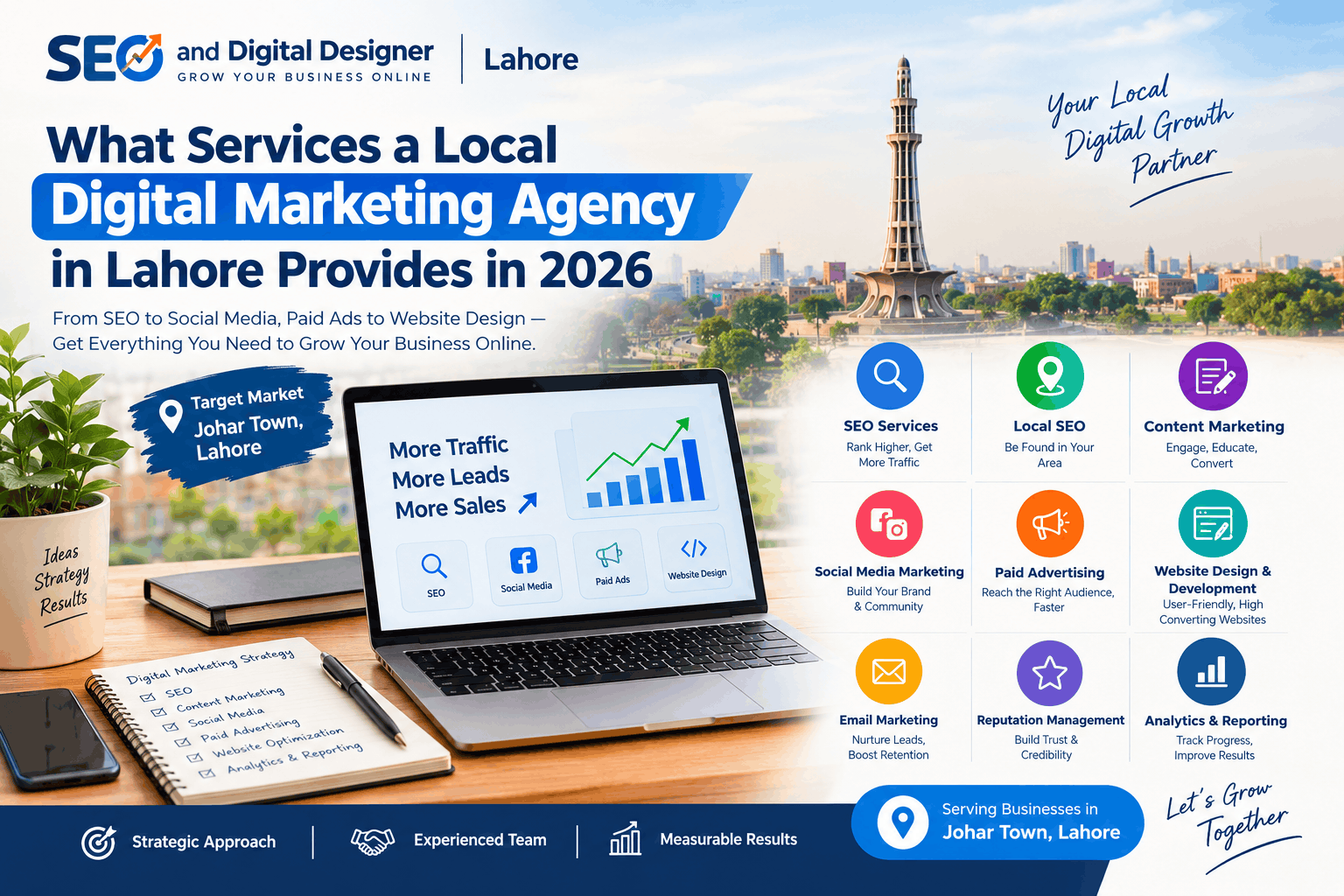 Local digital marketing agency in Lahore offering SEO, local SEO, content marketing, social media marketing, paid advertising, and website design services in Johar Town.